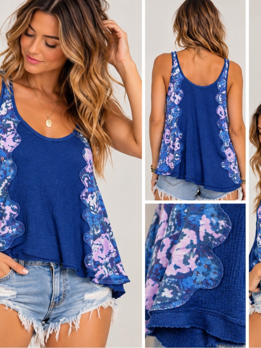 We The Free Royal Blue Floral Scallop-Trim Tank
